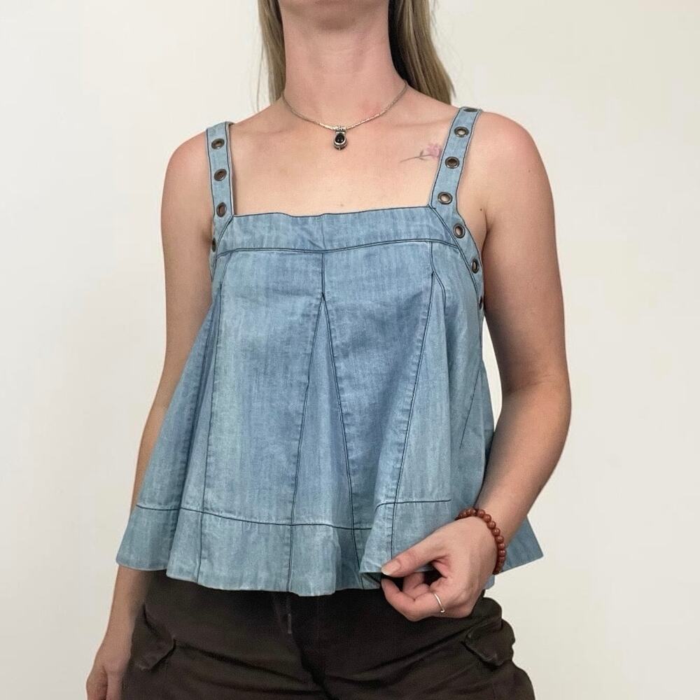 Free People Denim Grommet Babydoll Tank Top